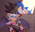Size: 3456x3092 | Tagged: safe, artist:himitsu_png, rouge the bat, shadow the hedgehog, sonic the hedgehog, 2023, carrying them, crepuscular rays, eyes closed, female, frown, gay, gay in front of girls, holding hands, kiss, kiss on lips, lidded eyes, male, meme, riding on shoulders, shadow x sonic, shipping, signature, third wheel, trio, window