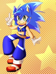 Size: 2448x3245 | Tagged: safe, artist:cybr0memphis, sonic the hedgehog, oc, oc:sayua the hedgehog, 2026, belt, clothes, crop jacket, eyelashes, freckles, fur markings, gender swap, jacket, looking at viewer, midriff, pants, smile, solo, star (symbol)