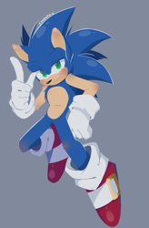 Size: 1920x2935 | Tagged: safe, artist:cybr0memphis, sonic the hedgehog, 2023, blushing, blushing knees, grey background, lidded eyes, lineless, looking at viewer, pointing, shoulder fluff, signature, simple background, solo
