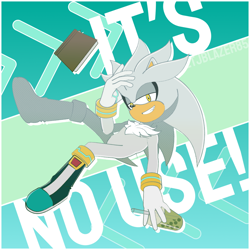 Size: 1280x1280 | Tagged: safe, artist:tjblazer85, silver the hedgehog, 2026, book, border, drink, english text, holding something, it's no use, lidded eyes, meme, smile, solo, text