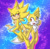 Size: 1280x1244 | Tagged: safe, artist:angelofhapiness, miles "tails" prower, sonic the hedgehog, super sonic, super tails, fox, hedgehog, 2026, abstract background, barefoot, breasts, duo, eyelashes, featureless breasts, female, flying, gender swap, gloves off, lidded eyes, looking at each other, mid-air, smile, super form