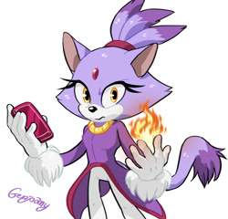 Size: 1024x985 | Tagged: safe, artist:genjoany, blaze the cat, 2017, fire, flame, frown, holding something, looking at viewer, signature, simple background, sol emerald, solo, standing, white background