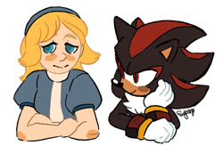 Size: 850x558 | Tagged: safe, artist:genjoany, maria robotnik, shadow the hedgehog, human, 2017, blushing, duo, head rest, signature, simple background, smile, white background
