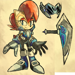 Size: 1256x1256 | Tagged: safe, artist:drawloverlala, sally acorn, chipmunk, sonic and the black knight, 2015, female, knight armor, looking at viewer, sir guinevere, smile, solo, standing, weapon