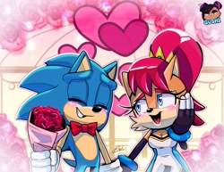 Size: 3300x2550 | Tagged: safe, artist:gushigumi, sally acorn, sonic the hedgehog, chipmunk, hedgehog, 2022, alternate outfit, blushing, bowtie, building, clothes, duo, eyes closed, female, flower, flower bouquet, grin, hand on cheek, happy, heart, holding hands, holding something, male, ringblader, rose, sally x sonic, shipping, smile, straight, tiara, valentine's day