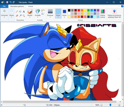 Size: 848x728 | Tagged: safe, artist:risziarts, sally acorn, sonic the hedgehog, chipmunk, hedgehog, 2025, adult, cape, crown, dress, duo, eyes closed, hand on another's shoulder, happy, holding something, king sonic, male, microsoft paint, older, polish text, queen sally acorn, ringblader, sally x sonic, shipping, simple background, straight, tiara, white background