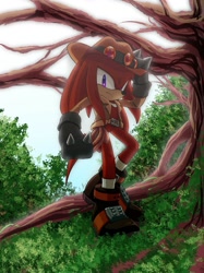 Size: 865x1154 | Tagged: safe, artist:icy-cream-24, knuckles the echidna, echidna, 2020, alternate outfit, daytime, gloves, hat, jacket, leaf, looking at viewer, male, pose, solo, standing, treasure hunter outfit, tree