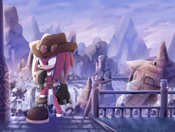 Size: 1500x1125 | Tagged: safe, artist:y-firestar, knuckles the echidna, echidna, 2020, alternate outfit, bag, building, daytime, gloves, hat, holding something, jacket, looking offscreen, male, mountain, ruins, solo, treasure hunter outfit, walking