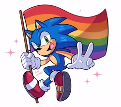 Size: 2372x2099 | Tagged: safe, artist:loulubally, sonic the hedgehog, hedgehog, 2026, flag, holding something, looking at viewer, male, open smile, pride, pride flag, rainbow flag, simple background, smile, smiling at viewer, solo, sparkles, v sign, white background