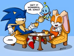 Size: 2048x1536 | Tagged: safe, artist:silvers_rings, cheese (chao), cream the rabbit, sonic the hedgehog, chao, hedgehog, rabbit, 2026, chair, cup, dialogue, drink, english text, eyes closed, female, holding something, male, plate, pouring, sitting, speech bubble, sweatdrop, table, tea, teapot, trio