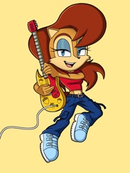Size: 1536x2048 | Tagged: safe, artist:radley, artist:silvers_rings, sally acorn, chipmunk, 2026, acorn, clothes, electric guitar, fully clothed, guitar, holding something, jumping, long hair, looking at viewer, musical instrument, open smile, pants, rally 4 sally, shirt, shoes, simple background, smile, smiling at viewer, solo, yellow background