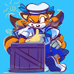 Size: 2048x2048 | Tagged: safe, artist:fizzy-dizz, marine the raccoon, blue background, crate, hand on hip, leaning, leaning on something, mouth hold, one eye closed, seaman outfit, simple background, smile, solo, sonic rush, sun, treads