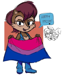 Size: 522x632 | Tagged: safe, artist:yeet111111, bunnie rabbot, sally acorn, 2025, bisexual, bisexual pride, bunnie x sally, dialogue, duo, english text, heart, lesbian, pride, pride flag, pride month, shipping, smile, solo focus, speech bubble, standing, talking