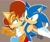 Size: 2048x1723 | Tagged: safe, artist:silvers_rings, sally acorn, sonic the hedgehog, chipmunk, hedgehog, 2023, brown background, duo, female, hand on another's back, looking at each other, male, sally x sonic, sally's vest and boots, shipping, simple background, smile, smiling at each other, straight