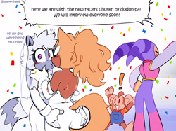 Size: 2538x1900 | Tagged: safe, artist:quaverdraws, tangle the lemur, whisper the wolf, lemur, monkey, wolf, 2025, aiai, blushing, celebration, clothes, crossover, dialogue, dress, duo focus, embarrassed, english text, exclamation mark, eyes closed, lesbian, looking at them, looking at viewer, looking offscreen, male, nightmaren, nights, nights into dreams, quartet, shipping, simple background, sonic racing crossworlds, speech bubble, super monkey ball, sweatdrop, tangle x whisper, waving, wedding, wedding dress, white background