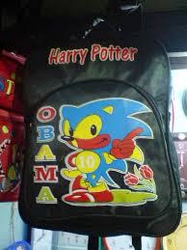 Size: 194x259 | Tagged: artist needed, safe, sonic the hedgehog, hedgehog, backpack, bootleg, classic sonic, classic sonic (universe), gloves, harry potter obama, irl, looking at viewer, male, needs more jpeg, shoes, smile, smiling at viewer, solo, text, wagging finger