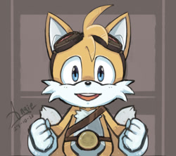 Size: 948x843 | Tagged: safe, artist:angiethecat, miles "tails" prower, fox, looking at viewer, male, open mouth, open smile, signature, smiling at viewer, solo, sonic boom (tv)