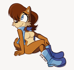 Size: 1200x1137 | Tagged: safe, artist:rishicoyote, sally acorn, chipmunk, 2025, female, looking offscreen, sally's vest and boots, simple background, sitting, smile, solo, white background
