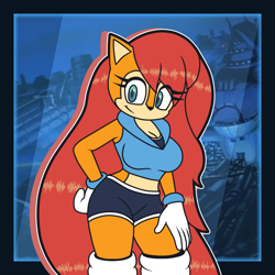 Size: 1919x1919 | Tagged: safe, artist:xyzxtrrz, sally acorn, chipmunk, 2025, abstract background, cute, female, long hair, looking offscreen, pose, robotropolis, sally's ringblader outfit, smile, solo