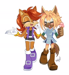 Size: 1880x2048 | Tagged: safe, artist:melodycler01, sonic the hedgehog, oc, oc:solas lowe (zeromegascaesin), chipmunk, wolf, 2024, blushing, canon x oc, clothes, eyes closed, female, food, holding something, ice cream, male, parent:sally, parent:sonic, parents:sonally, shipping, simple background, solo, straight, talking, teenager, walking, white background