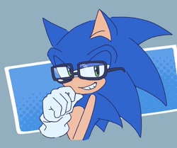 Size: 1080x905 | Tagged: safe, artist:aleespace-art, sonic the hedgehog, 2026, flat colors, glasses, lidded eyes, looking at viewer, smile, smug, solo