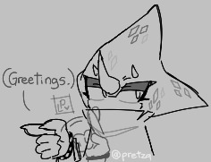 Size: 236x181 | Tagged: safe, artist:pretzsq, espio the chameleon, 2026, eyelashes, greyscale, horns, lidded eyes, line art, low res, monochrome, scarf, sign language, signature, simple background, solo, text