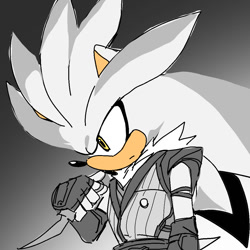 Size: 1080x1080 | Tagged: safe, artist:yoviana_723, silver the hedgehog, 2026, alternate outfit, clenched fist, frown, gradient background, looking offscreen, solo