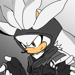 Size: 1080x1080 | Tagged: safe, artist:yoviana_723, silver the hedgehog, hedgehog, 2026, alternate outfit, clothes, fingerless gloves, fully clothed, gloves, gradient background, hood, hood up, hoodie, looking down, looking offscreen, male, smile, solo