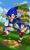 Size: 900x1517 | Tagged: safe, artist:evilqueenie, sonic the hedgehog, hedgehog, green hill zone, 2011, classic sonic, classic sonic (universe), clouds, daytime, duo, flower, goal post, grass, looking at them, looking at viewer, male, mid-air, monitor, outdoors, palm tree, ring monitor, self paradox, smile, sonic generations, treads, tree