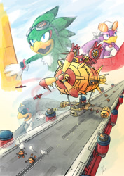 Size: 701x989 | Tagged: safe, artist:rooteh, egg pawn, jet the hawk, storm the albatross, wave the swallow, 2010, airship, babylon rogues, badnik, egg albatross, egg hawk, group, outdoors, robot, stealing