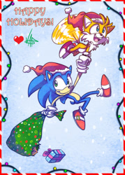 Size: 858x1200 | Tagged: safe, artist:vaporotem, miles "tails" prower, sonic the hedgehog, fox, hedgehog, 2010, border, carrying them, christmas, christmas hat, christmas lights, duo, english text, flying, hat, heart, holding something, looking offscreen, male, mouth open, open smile, present, sack, santa hat, signature, smile, spinning tails, text