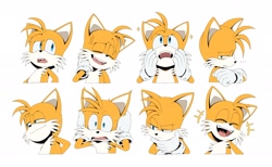 Size: 2048x1265 | Tagged: safe, artist:thatbirdguy_, miles "tails" prower, fox, ..., 2026, angry, arms folded, bust, confused, expression sheet, eyes closed, finger under chin, flat colors, frown, hands on own head, happy, laughing, lidded eyes, looking offscreen, male, mouth open, open smile, shocked, simple background, smile, smirk, solo, squinting, tails is not amused, thinking, unamused, white background