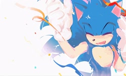 Size: 2048x1229 | Tagged: safe, artist:exclamation_fo, sonic the hedgehog, hedgehog, 2026, confetti, eyes closed, happy, male, mouth open, simple background, smile, solo, streamer, white background