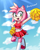 Size: 1080x1361 | Tagged: safe, artist:amipiyoart, artist:kyarathewolf, amy rose, hedgehog, clouds, crepuscular rays, daytime, female, hand on hip, looking offscreen, mouth open, open smile, smile, solo, standing on one leg