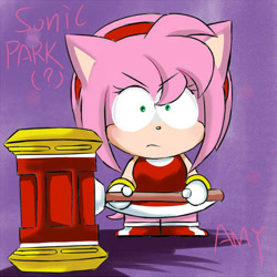 Size: 600x600 | Tagged: safe, artist:garugirosonicshadow, amy rose, 2010, angry, english text, eyebrow clipping through hair, frown, holding something, looking offscreen, piko piko hammer, solo, south park, style emulation, text