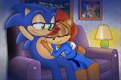 Size: 1800x1200 | Tagged: safe, artist:classicsonicsatam, sally acorn, sonic the hedgehog, chipmunk, hedgehog, 2025, bathrobe, couch, duo, eyes closed, female, hand on another's back, hand on another's chest, indoors, leaning on them, light, male, nighttime, photo, sally x sonic, shipping, sitting, sonic satam, straight