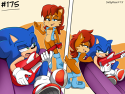 Size: 1988x1493 | Tagged: safe, artist:sallyrose975, sally acorn, sonic the hedgehog, chipmunk, hedgehog, 2025, comic, duo, electric guitar, female, grin, guitar, holding something, indoors, looking at each other, male, musical instrument, sally x sonic, sally's vest and boots, shipping, sitting, sofa, straight
