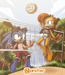 Size: 2541x2946 | Tagged: safe, artist:nancher, sally acorn, sonic the hedgehog, chipmunk, hedgehog, 2020, barefoot, beach, bikini, clothes, daytime, duo, female, glasses, male, nature, palm tree, playing, sally x sonic, shipping, straight, sunglasses, swimming trunks, swimsuit, tree, volleyball, watermark