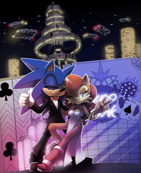 Size: 2157x2629 | Tagged: safe, artist:nancher, sally acorn, sonic the hedgehog, chipmunk, hedgehog, 2022, building, car, clothes, dress, duo, english text, female, fully clothed, lights, looking at viewer, male, nighttime, pose, sally x sonic, shipping, skyscraper, smile, smiling at viewer, straight, suit, thumbs up, v sign, vehicle, wink