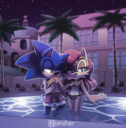 Size: 2552x2579 | Tagged: safe, artist:nancher, sally acorn, sonic the hedgehog, chipmunk, hedgehog, 2022, bikini, blushing, building, clothes, deckchair, duo, female, kiss, kiss on hand, male, nighttime, palm tree, pool, sally x sonic, shipping, shy, star (sky), straight, swimming trunks, swimsuit, tree, water