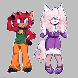 Size: 1200x1200 | Tagged: safe, artist:trixxie_8, oc, oc:ginébra the wolf (trixxie 8), oc:lander the sheep (trixxie 8), sheep, wolf, 2025, brave, clothes, cowbell, dress, eyes closed, fankid, female, flexing, fully clothed, glasses, grey background, looking at viewer, male, open mouth, pants, parent:gadget, parent:lanolin, parents:gadgolin, pose, shoes, shy, simple background, solo, sparkles, standing, sweatdrop, undershirt