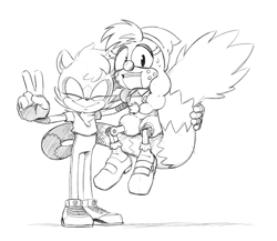 Size: 884x769 | Tagged: safe, artist:mellodillo, belle the tinkerer, tangle the lemur, carrying them, duo, eyes closed, female, holding tail, looking at viewer, simple background, sitting, smile, smiling at viewer, standing, v sign