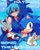 Size: 1440x1800 | Tagged: safe, artist:mimiipyon, sonic the hedgehog, abstract background, blue background, character name, crossover, duo, eyebrow clipping through hair, female, hatsune miku, looking at viewer, male, mouth open, open smile, reaching towards the viewer, smile, smiling at viewer, text, v sign, wink, winking at viewer