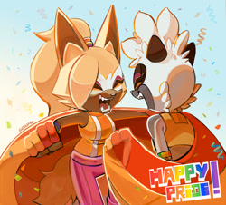 Size: 2048x1855 | Tagged: safe, artist:emilex56, tangle the lemur, whisper the wolf, 2026, confetti, duo, english text, eyes closed, happy, holding something, lesbian, lesbian pride, mouth open, pride, pride flag, pride month, shipping, smile, standing, tangle x whisper, text