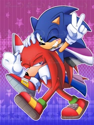 Size: 1536x2048 | Tagged: safe, artist:pagonmoon, knuckles the echidna, sonic the hedgehog, 2026, abstract background, asexual, asexual pride, bisexual, bisexual pride, cape, carrying them, duo, gay, knuxonic, male, outline, pride, pride flag, pride month, riding on back, shipping, smile, star (symbol), treads, v sign, white outline