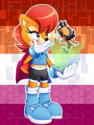 Size: 1536x2048 | Tagged: safe, artist:pagonmoon, nicole the hololynx, sally acorn, 2026, bisexual, bisexual pride, blushing, cape, covering mouth, digital static, duo, face paint, glitch, heart, lesbian, lesbian pride, looking at each other, nicole x sally, outline, pride, pride flag, pride flag background, pride month, shipping