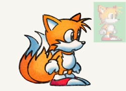 Size: 1149x834 | Tagged: safe, artist:cliptoclimax, miles "tails" prower, 2026, classic tails, frown, looking offscreen, redraw, reference inset, simple background, solo, sprite, standing, traced, white background