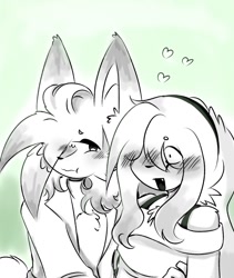 Size: 1080x1278 | Tagged: safe, artist:kitsunami0513_19844, kit the fennec, miles "tails" prower, 2026, alternate hairstyle, alternate outfit, duo, gender swap, gradient background, greyscale, heart, kit x tails, lesbian, monochrome, r63 shipping, shipping