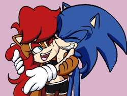 Size: 2048x1536 | Tagged: safe, artist:butterrrmoth, sally acorn, sonic the hedgehog, chipmunk, hedgehog, 2022, cute, duo, eyes closed, female, grin, happy, hugging, long hair, male, pink background, sally x sonic, sally's ringblader outfit, shipping, simple background, smile, smiling at each other, straight