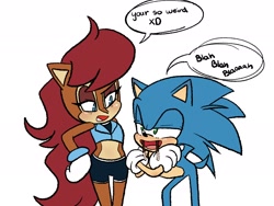 Size: 2048x1536 | Tagged: safe, artist:butterrrmoth, sally acorn, sonic the hedgehog, chipmunk, hedgehog, 2022, blushing, dialogue, duo, english text, female, food, happy, long hair, looking at each other, male, pocky (food), sally x sonic, sally's ringblader outfit, shipping, simple background, speech bubble, straight, white background